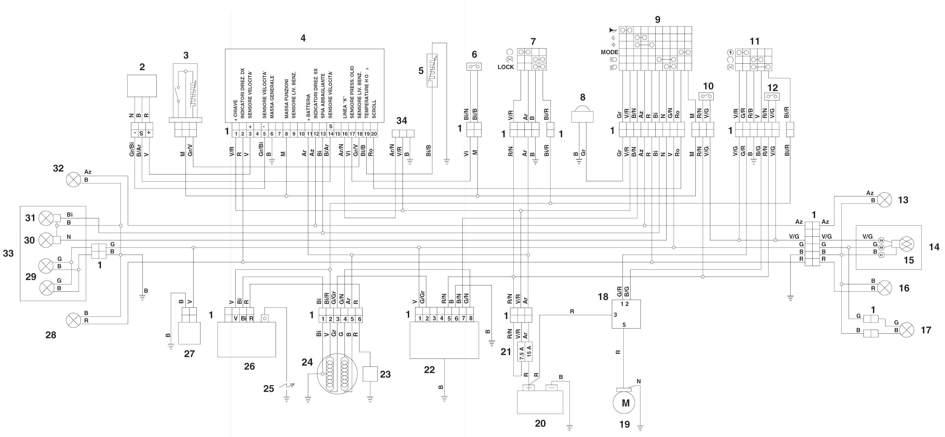 Схема электропроводки скутера Aprilia SR 50 модификации AC-LC